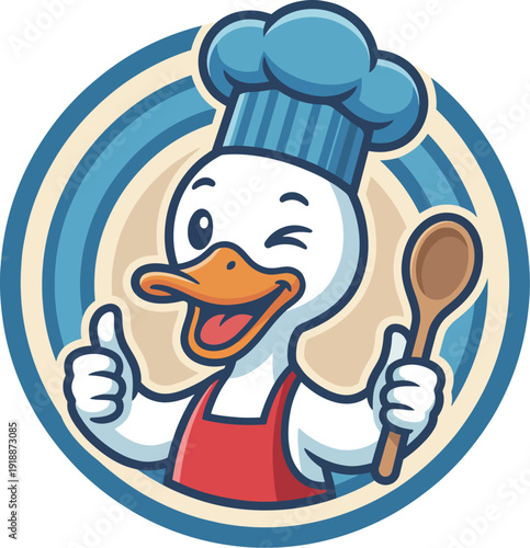A charming illustration of a duck chef winking and holding a spoon, dressed in a chef's hat and apron, representing culinary creativity and fun in a colorful cartoon style.