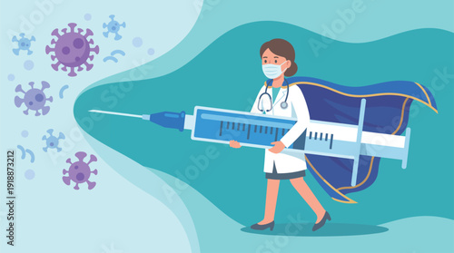 An inspiring illustration of a doctor in a cape holding a large syringe, representing the fight against viruses and the heroic nature of healthcare professionals during a pandemic.