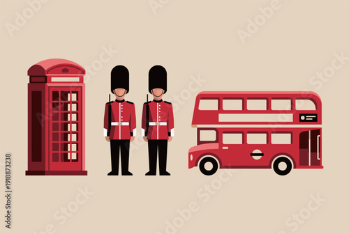 A charming illustration showcasing iconic London landmarks like a red phone booth and royal guards, symbolizing the essence of British culture and tourism attractions.