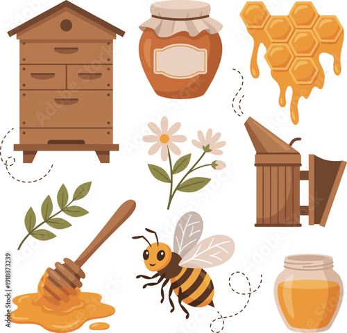 A beautifully illustrated composition featuring honey products, a bee, flowers, and a beehive, encapsulating the essence of nature’s sweetness and sustainability.