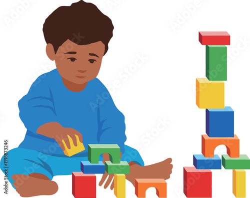 A young boy intently stacking colorful blocks, demonstrating the importance of creativity, concentration, and play in childhood development and exploration of imagination.