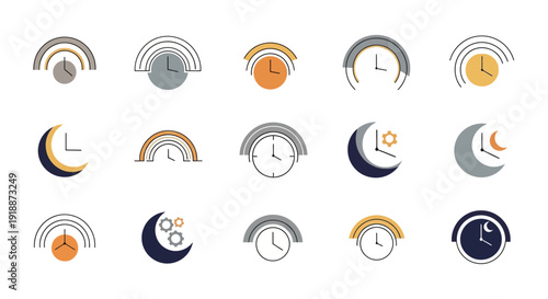 Collection of stylized clock and moon icons representing time, day, and night cycles.