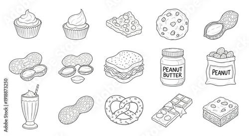 A collection of hand-drawn illustrations depicting various peanut-based food items and snacks, including cupcakes, cookies, sandwiches, and chocolate bars.