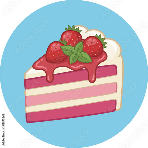 A mouthwatering slice of strawberry cream cake, topped with fresh strawberries and syrup, showcasing a delightful dessert perfect for sweet occasions and indulgence.
