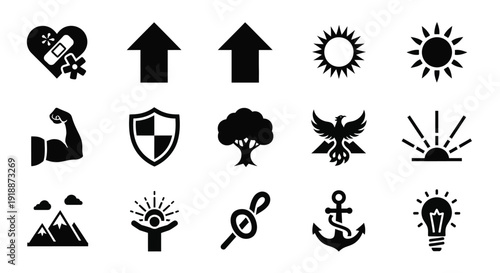 A collection of diverse black and white icons representing health, growth, nature, strength, and ideas.