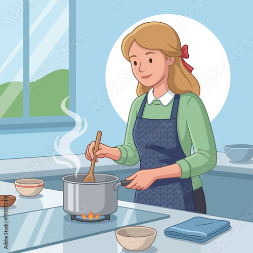In a modern kitchen, a woman in an apron stirs a pot on the stove, enveloped in a warm atmosphere as she prepares a delicious meal, showcasing her culinary skills.