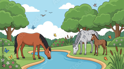 Two horses are grazing peacefully by a sparkling stream in a lush green landscape filled with vibrant trees and butterflies, creating a serene natural environment.