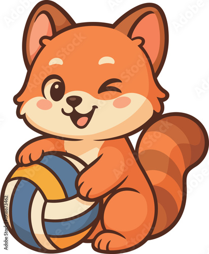 An adorable fox character happily plays with a volleyball, capturing the essence of fun and playfulness. This image exudes a sense of joy and vitality in a child's world.