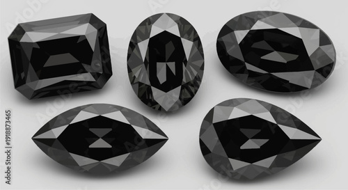 Five black diamonds in various cuts and shapes, showcasing their dark luster and facets.