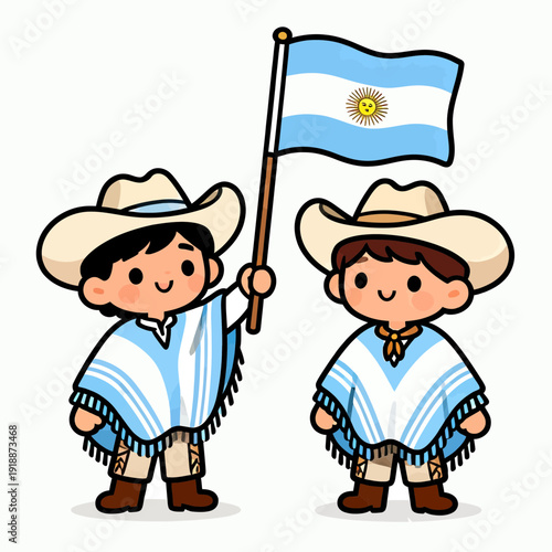 Cute cartoon boys in traditional Argentine gaucho outfits holding the national flag, celebrating culture and patriotism.