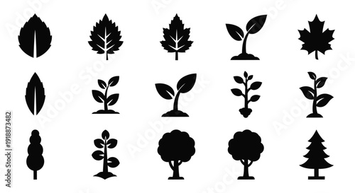 A collection of black and white silhouette icons representing various stages of plant growth and different tree types.
