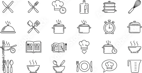 Cooking and kitchen outline icon set with chef hat utensils pot recipe book and timer symbols