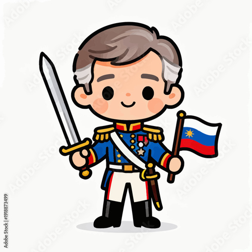 A happy cartoon superhero boy character with a sword in a vector art illustration style featuring a smiling child person for fun clipart