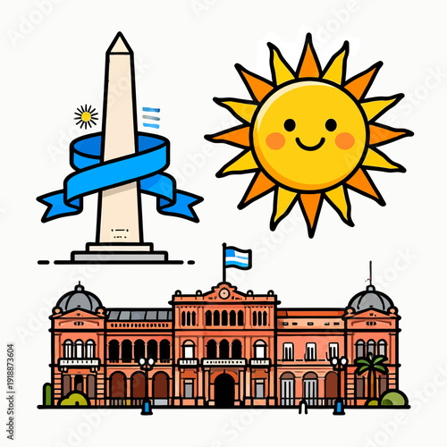 Cartoon illustration of iconic Argentine landmarks and national symbols, including the Obelisco, Casa Rosada, and the smiling Sun of May.