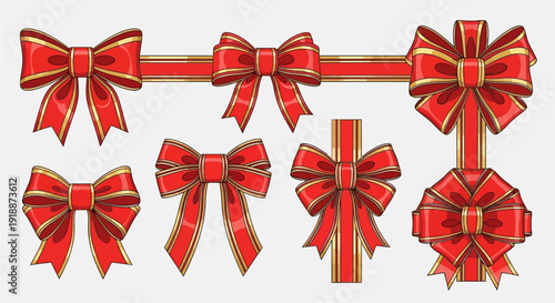 A collection of festive red bows with gold trim in various styles and arrangements, perfect for gifts and decorations.