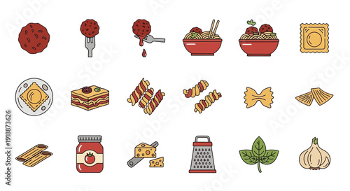 A collection of colorful, flat-design icons representing various Italian food ingredients and dishes, including meatballs, pasta, lasagna, and garlic.