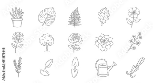 A collection of hand-drawn line art illustrations featuring various plants, flowers, and gardening tools.
