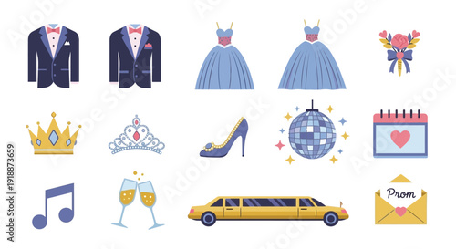 A collection of elegant icons representing a formal prom night, including attire, accessories, transportation, and celebration elements.
