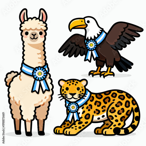 Cartoon llama, bald eagle, and jaguar wearing light blue and white rosettes, representing national pride.