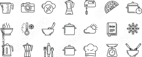 Kitchen cooking outline icon set with appliances utensils pot recipe book and temperature symbols