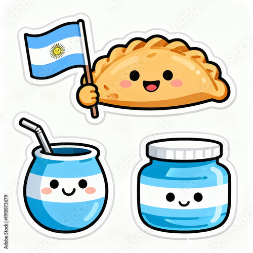 Cute cartoon stickers featuring Argentine flag, empanada, mate, and dulce de leche jar.
