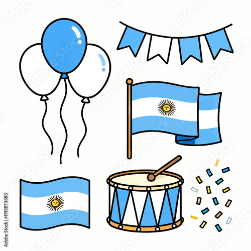 A collection of Argentine national symbols and celebration items including flags, balloons, bunting, a drum, and confetti, all in blue and white colors.
