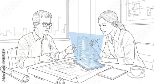 Architects collaborating on a holographic 3D building model using a tablet and blueprints.