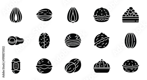 A collection of various nut icons, showcasing different shapes and textures of nuts in a stylized, graphic format.