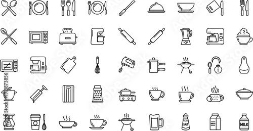 Kitchen utensils and cooking appliances outline icon set with tableware coffee grill and bakery tools