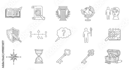 A collection of hand-drawn icons representing historical concepts, including books, scrolls, globes, timelines, and ancient artifacts.