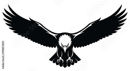 Fierce black and white bald eagle mascot logo diving with outstretched wings