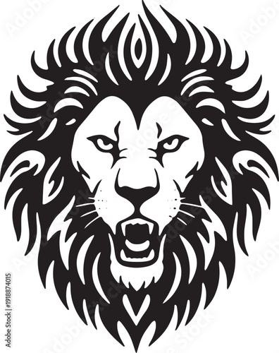 Fierce lion head with fiery mane in black and white