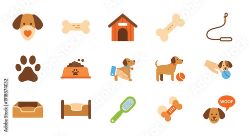 A collection of charming flat icons representing various aspects of dog care and ownership, including toys, food, and accessories.