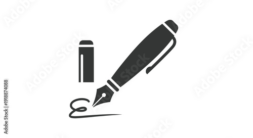 Stylized icon depicting a classic fountain pen signing a simple elegant signature stroke