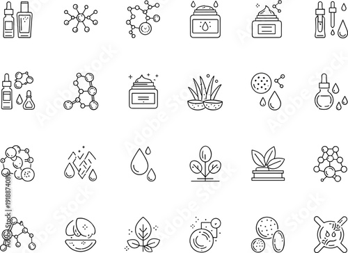 Natural cosmetic ingredients outline icon set with molecules serum plant extract and skincare symbols