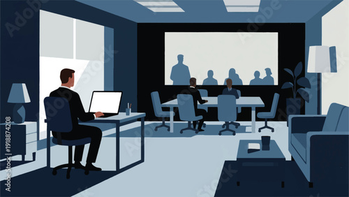 Illustration Of A Professional Sitting Working At A Desk At Home, But On The Wall Behind Him Appears A Shadow Like A Formal Office Meeting Room Vector Design Template