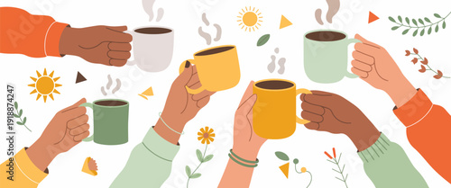 coffee gathering vector illustration, diverse hands holding mugs, steaming hot beverage artwork, social interaction concept, festive decorative design for global community achievement badges and high-