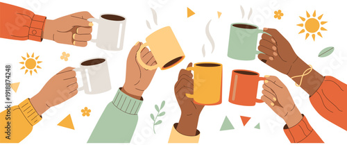 coffee gathering vector illustration, diverse hands holding mugs, steaming hot beverage artwork, social interaction concept, festive decorative design for global community achievement badges and high-