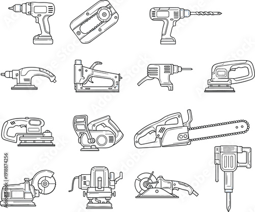 Power tools outline icon set with drill chainsaw circular saw sander planer and jackhammer equipment