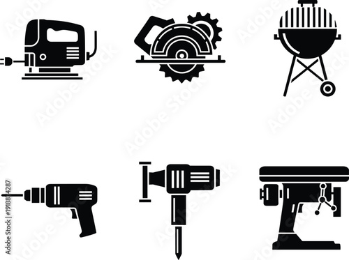 Power tools and equipment solid icon set with drill jigsaw circular saw jackhammer and barbecue