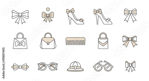 A collection of elegant fashion and beauty icons, featuring bows, handbags, shoes, combs, hats, and glasses, presented in a clean, minimalist style.