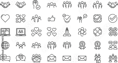 Teamwork and social communication outline icon set with people handshake chat approval and award symbols