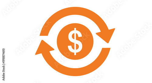 Orange circular arrows surrounding a dollar sign represent continuous financial flow and currency exchange concepts