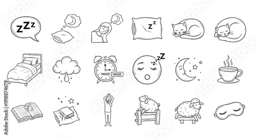 A collection of hand-drawn black and white icons representing sleep, dreams, and relaxation, including a bed, pillows, cats, sheep, and a coffee cup.