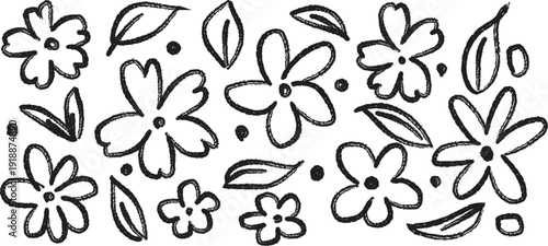 Kids crayon hand drawn flowers and plants  art . Kid's style crayon doodle drawing .vector illustration