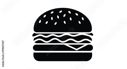 Simple black and white stylized icon representing a classic hamburger sandwich with sesame seeds