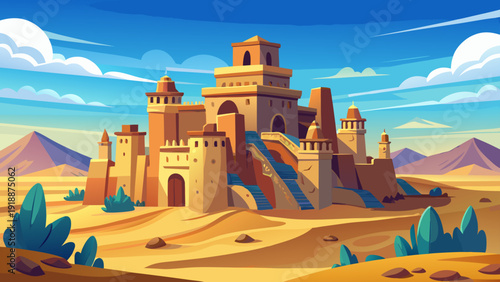 Cartoon vector illustration of an ancient desert castle surrounded by sand dunes clear sky and wide empty desert in clean minimal flat style