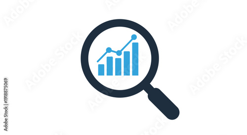 Simple magnifying glass icon focusing on a bright blue upward trending bar chart graphic