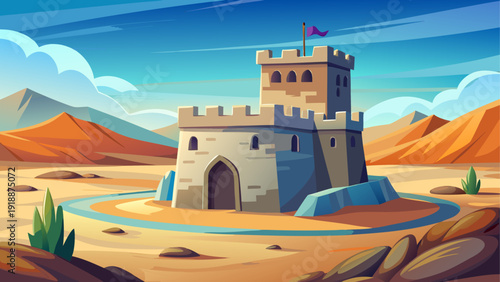 Minimal cartoon vector of a stone castle standing alone in the desert with smooth sand and simple flat environment