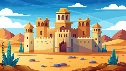 Simple cartoon vector of an old desert castle with tall towers surrounded by smooth sand and flat minimal design